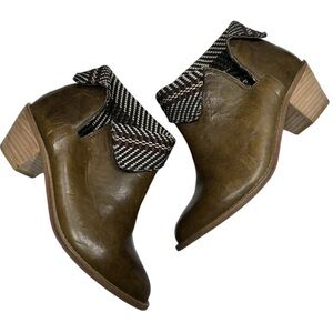 Kelsi Dagger Olive Leather and Plaid Fabric Block Heel Bootie Size 7